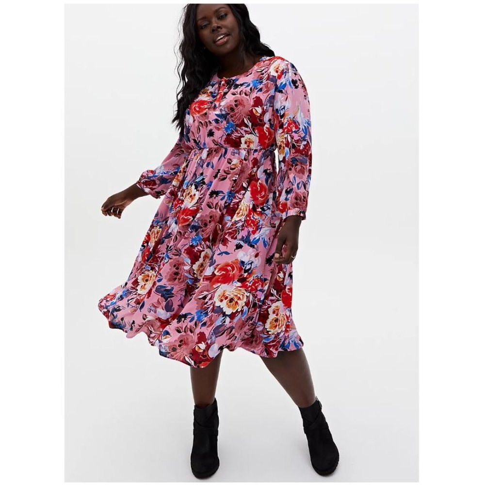 torrid Pink Floral Midi Dress with Red and Blue Accents